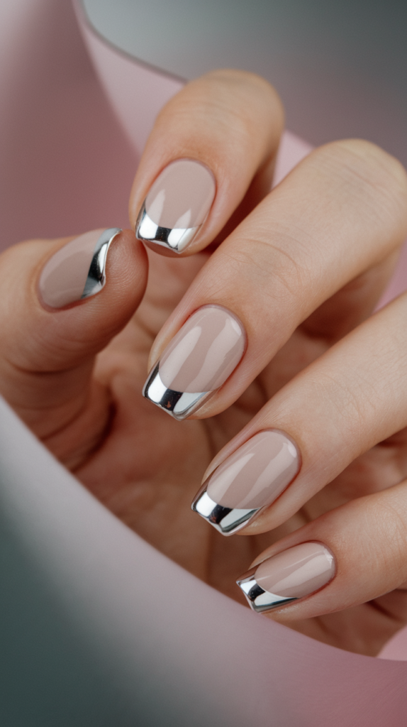 Minimalist French manicure with sleek silver metallic tips on a nude base.