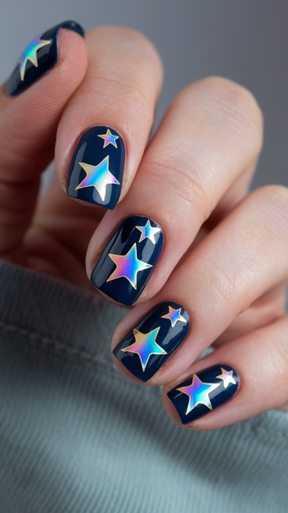 Deep blue nails with holographic star stickers that reflect light in various colors, creating a mesmerizing, celestial effect for New Year’s