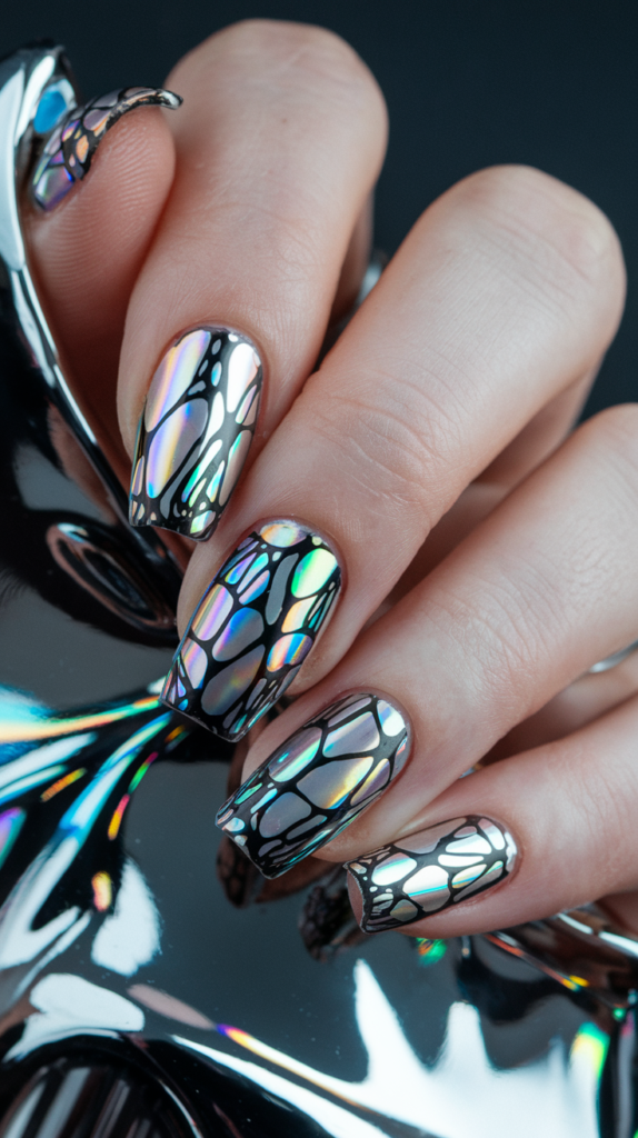 3D holographic nail designs with chrome and metallic finishes, giving a futuristic, VR-inspired look