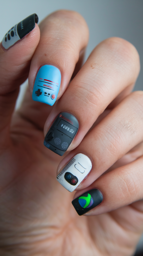 A set of nails featuring detailed logos of iconic gaming consoles, like the NES, PlayStation, and Xbox, with a metallic finish