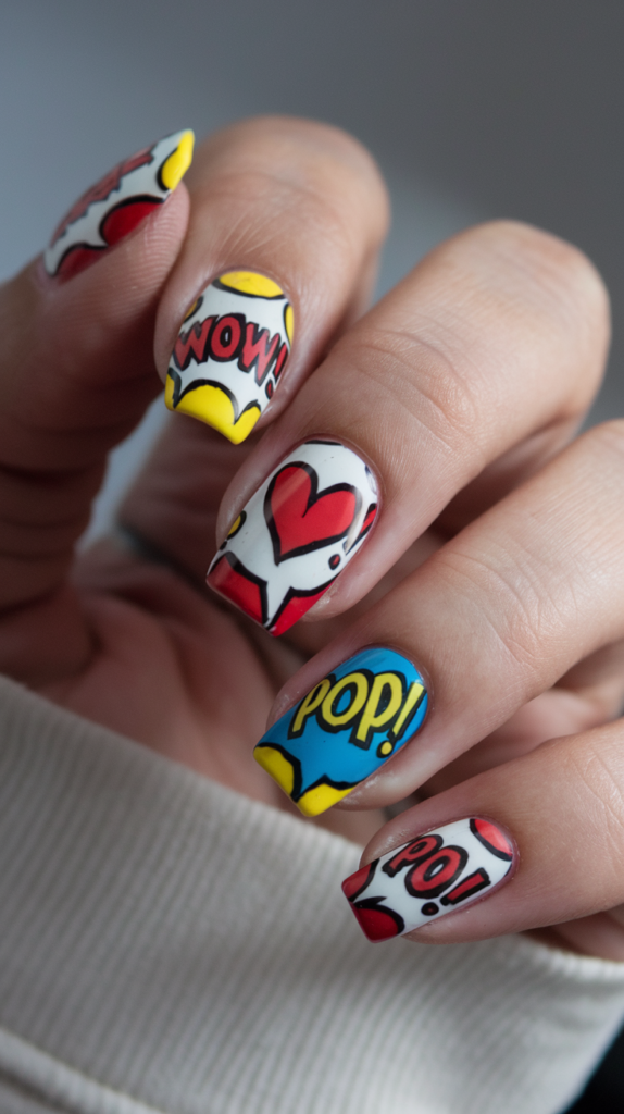 Comic-inspired nails with bold "WOW!" and "POW!" speech bubbles, black outlines, and bright primary colors.

