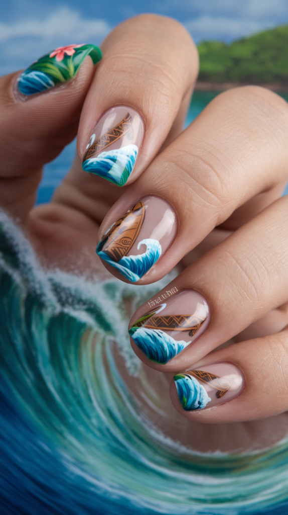 Nails with tropical flowers, ocean wave patterns, and Maui’s tattoo designs on soft blue and green backgrounds with glitter highlights.