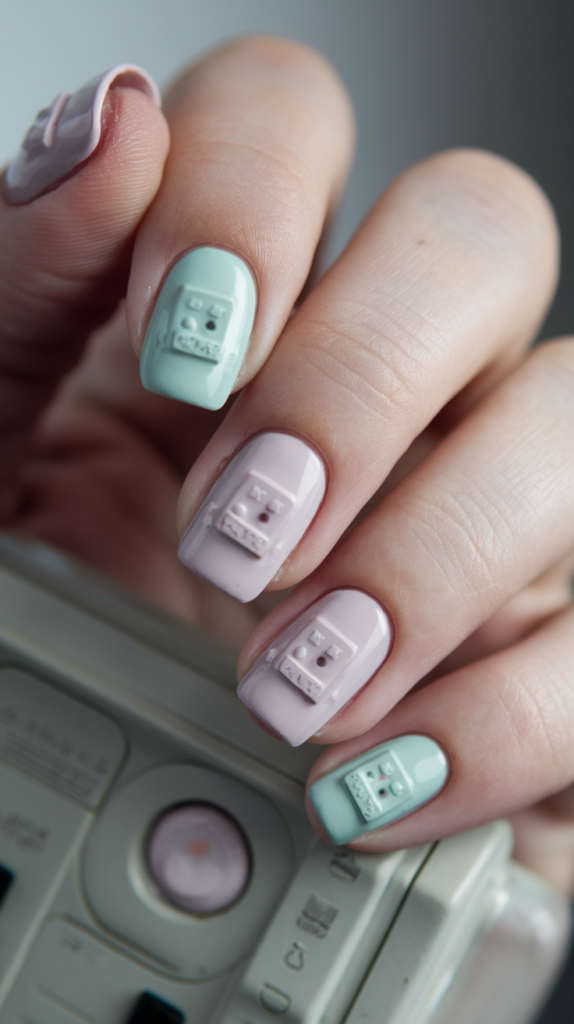 Vintage console-inspired nail designs with pastel and muted tones, decorated with symbols from the SNES and Dreamcast