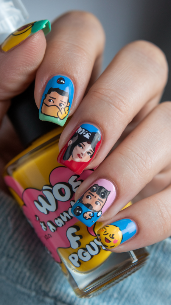 Playful nail art with fun characters from Among Us and Fall Guys, featuring vibrant backgrounds and emoji details