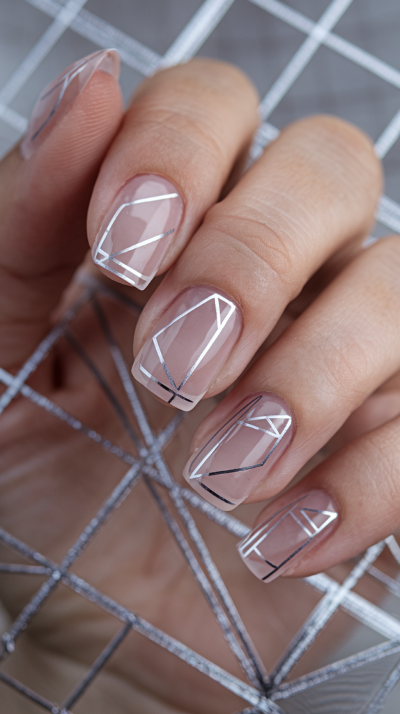 Clear nails featuring thin silver lines arranged in modern geometric shapes like triangles and grids.