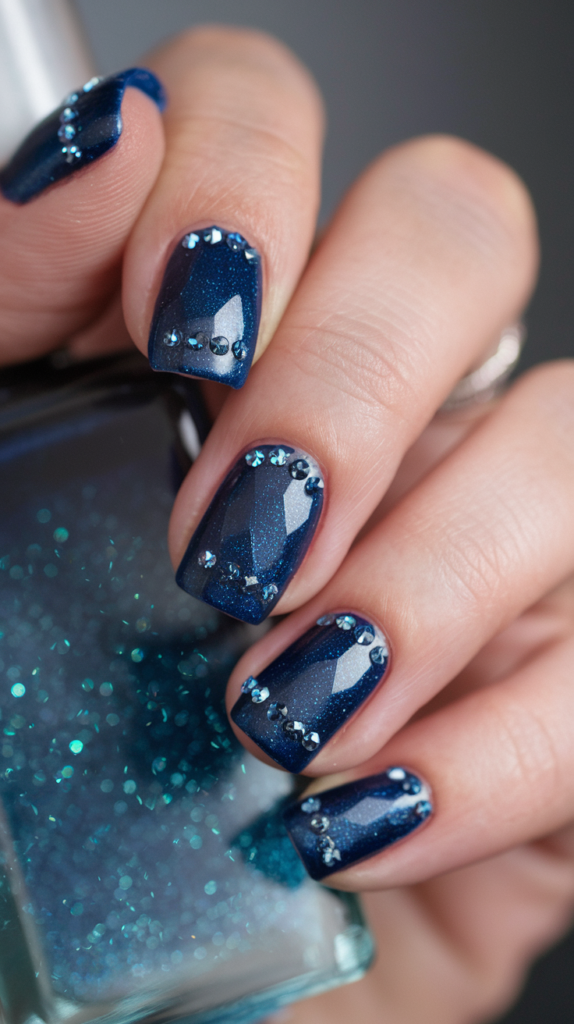 Deep sapphire blue nails with strategically placed crystal accents, capturing the look of precious gemstones.