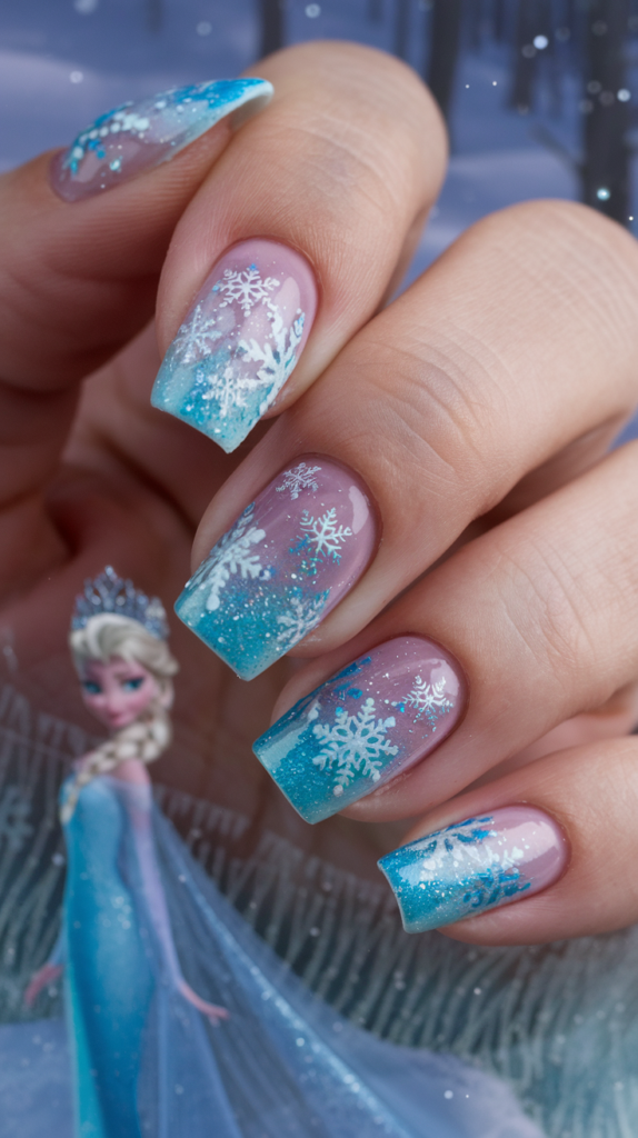 Icy blue gradient nails with intricate snowflakes, Elsa’s silver crown, and playful Olaf designs highlighted with glitter for a frosty look.