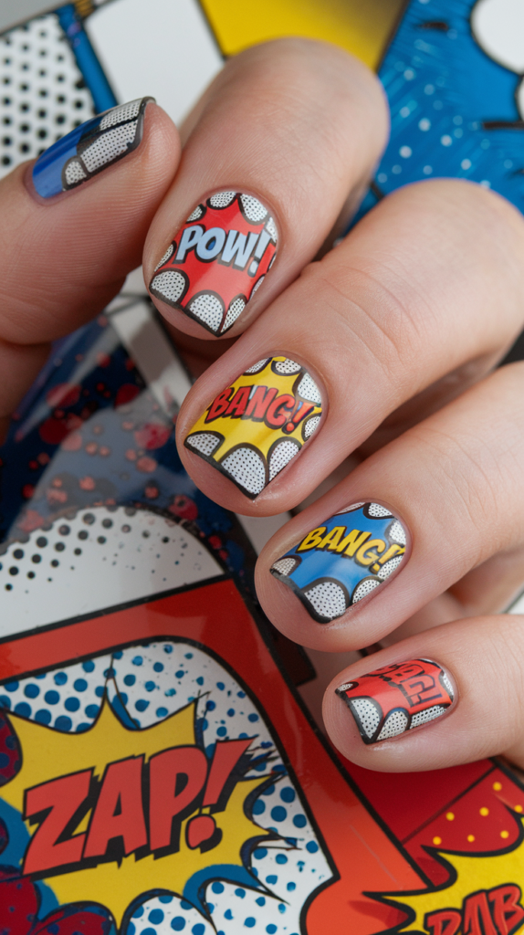 Vibrant nails featuring bold speech bubbles with comic book words like 'Pow!' and 'Zap!' on bright red, yellow, and blue backgrounds, outlined in black