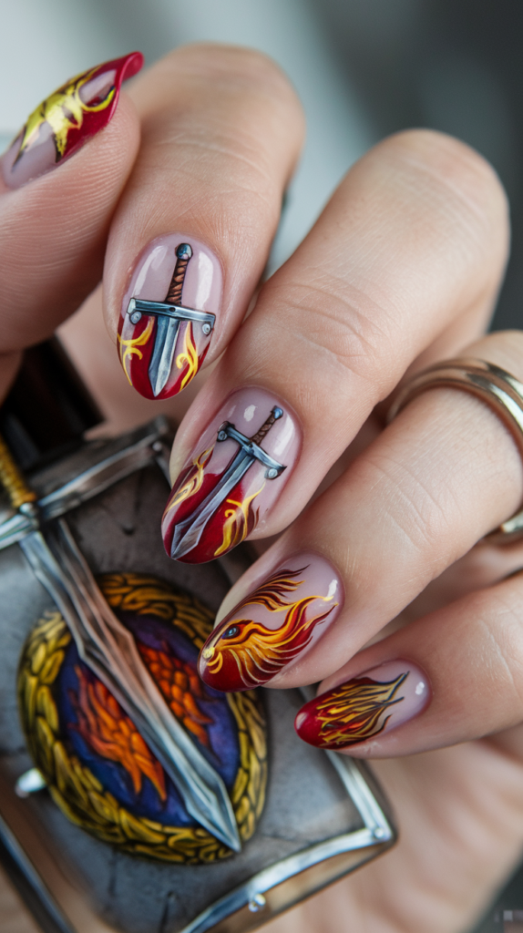 Fantasy nail designs with metallic swords, shields, and rich jewel tones, inspired by RPG adventure games