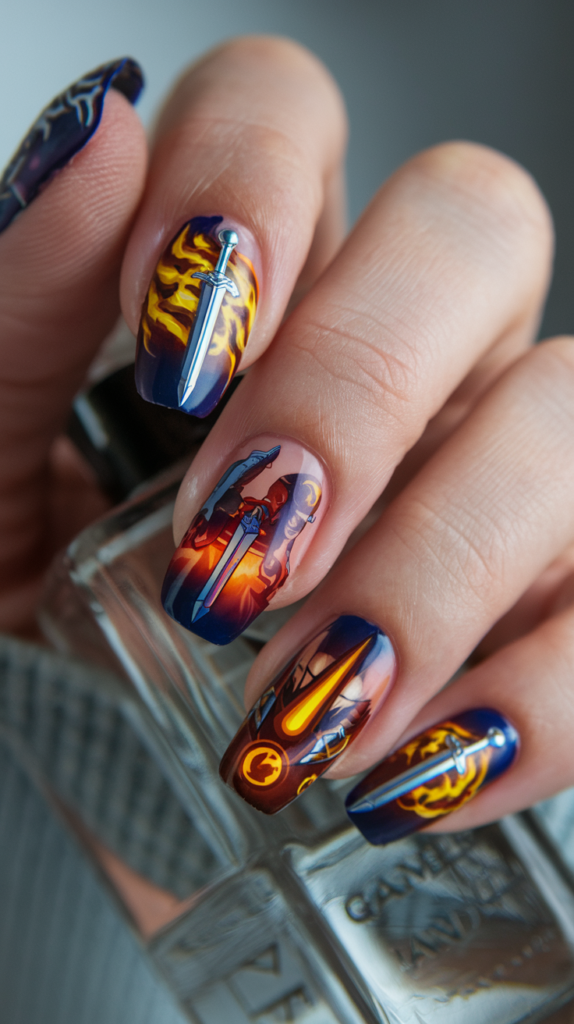 Anime and gaming crossover nail art with detailed swords, magical potions, and glowing orbs on a colorful background