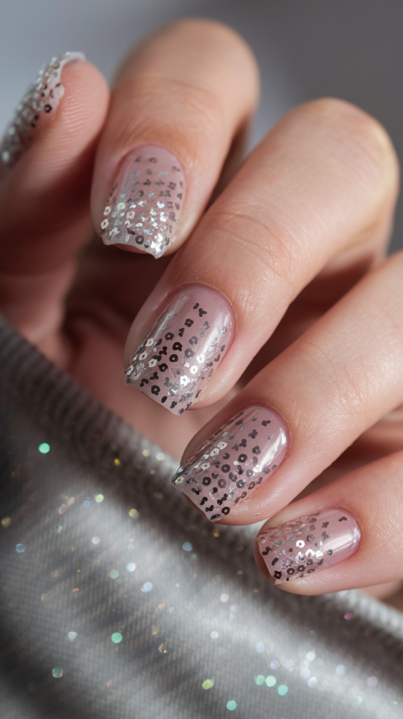 Nails embellished with tiny silver sequins for a textured, sparkling design.