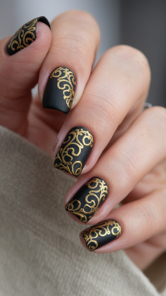 Black nails with intricate gold Renaissance-inspired patterns, capturing the elegance of the era.

