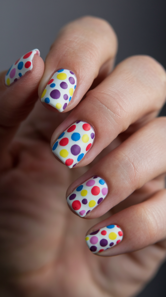 Multicolor polka dot nails with random dot sizes on a soft beige base for a playful retro style.

