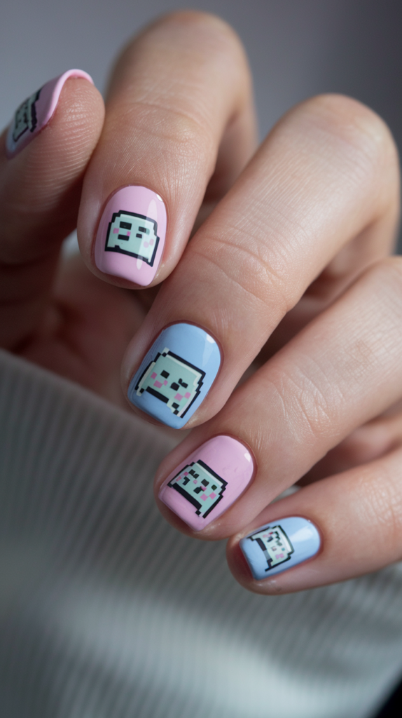 Cute, pastel-colored nail designs featuring pixelated hearts, chibi controllers, and playful gaming symbols