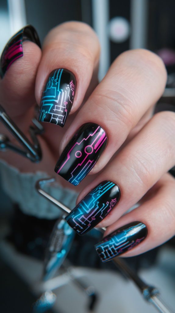 Futuristic cyberpunk nail art with neon gradients, glitch effects, and metallic accents on a dark base