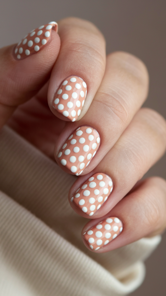 Retro peach-orange nails with contrasting white polka dots for a playful design.
