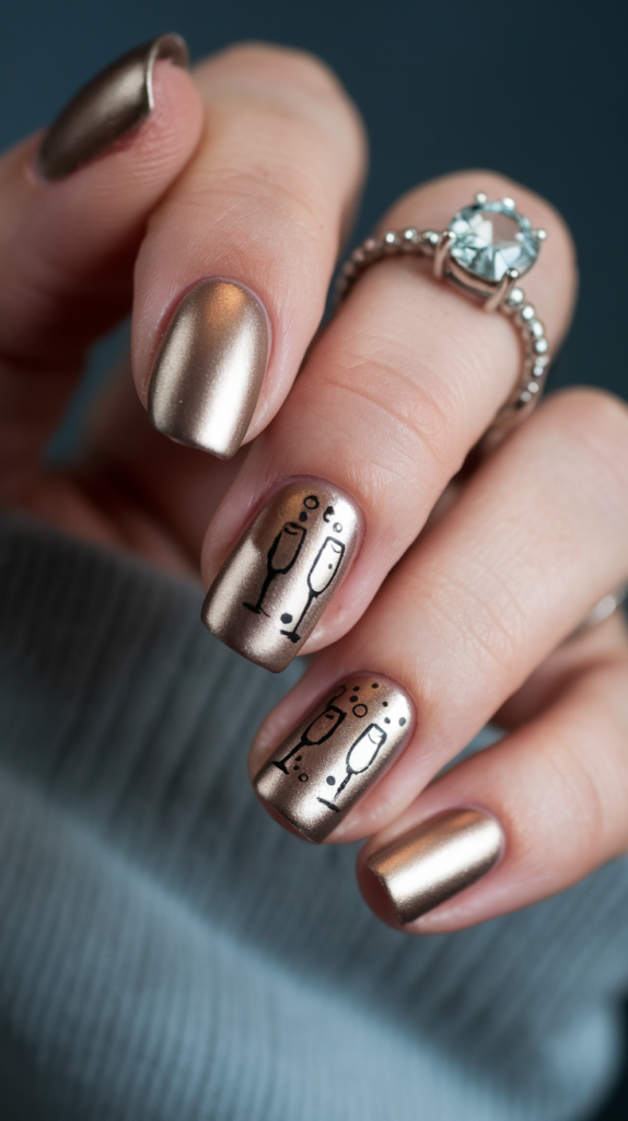 Elegant nails painted in a metallic champagne color with tiny decals of champagne glasses and bubbles, capturing a classy New Year celebration vibe