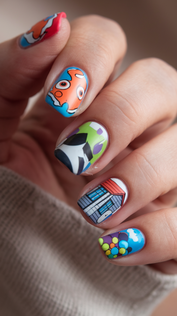 Brightly colored nails showcasing Nemo’s stripes, Buzz Lightyear’s space gear patterns, and the whimsical Up house with colorful balloon clusters.