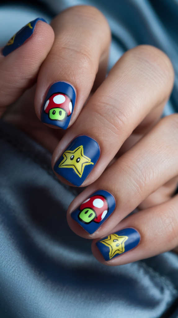 Bright, playful nails featuring iconic power-up symbols from Mario Kart, including mushrooms, stars, and banana peels, with 3D embellishments