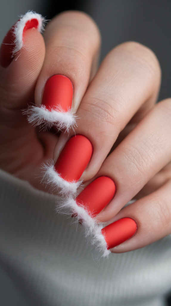 Red nails with fluffy white tips and 3D pom-poms, resembling Santa’s iconic hat.
