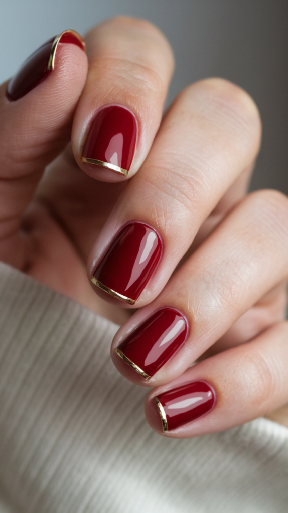 Bold red nails with fine gold detailing along the edges, adding an elegant, royal touch.

