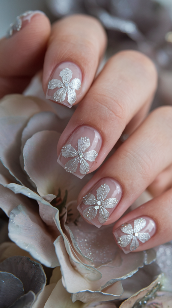 Delicate silver floral designs painted on a sheer pastel base for a romantic touch.