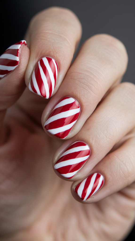 Red and white striped nails resembling traditional candy canes, perfect for holiday cheer.
