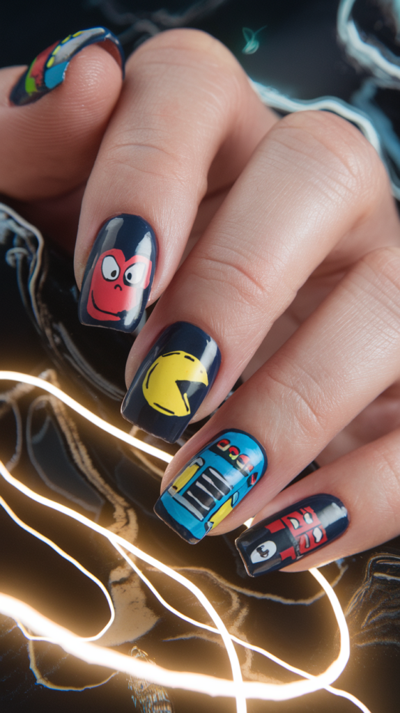 Retro arcade-themed nails featuring characters like Pac-Man and Donkey Kong on a glossy black background