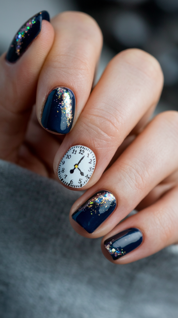 Dark navy nails with an accent nail featuring a small clock face pointing to midnight, surrounded by subtle glitter details, perfect for a New Year countdown