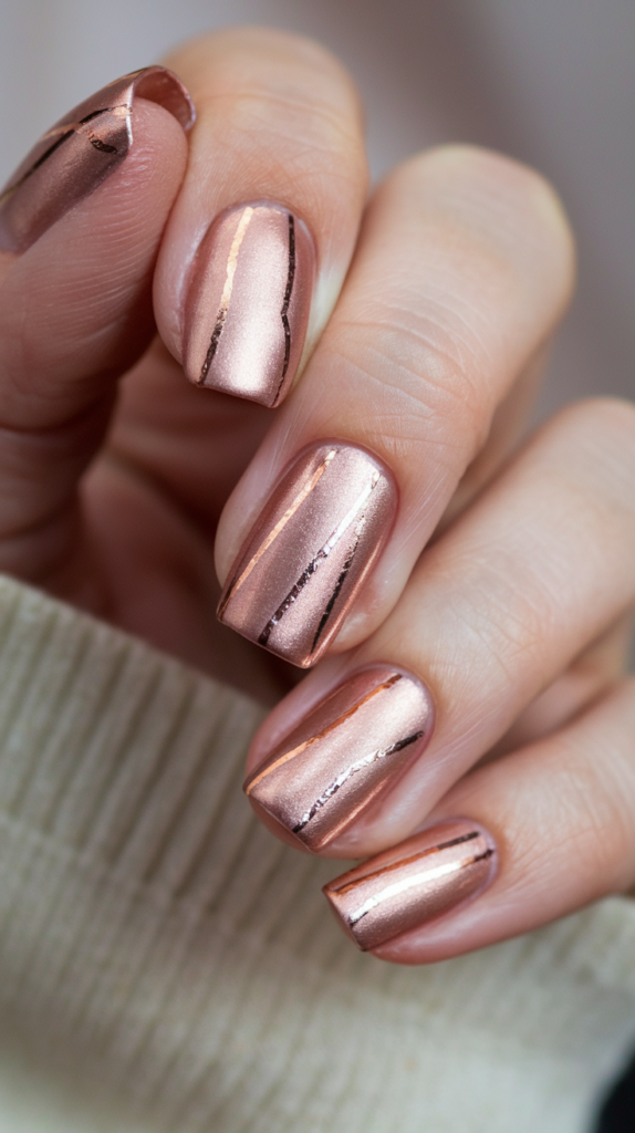 Soft rose gold nails with metallic foil accents, adding a touch of romance and luxury.

