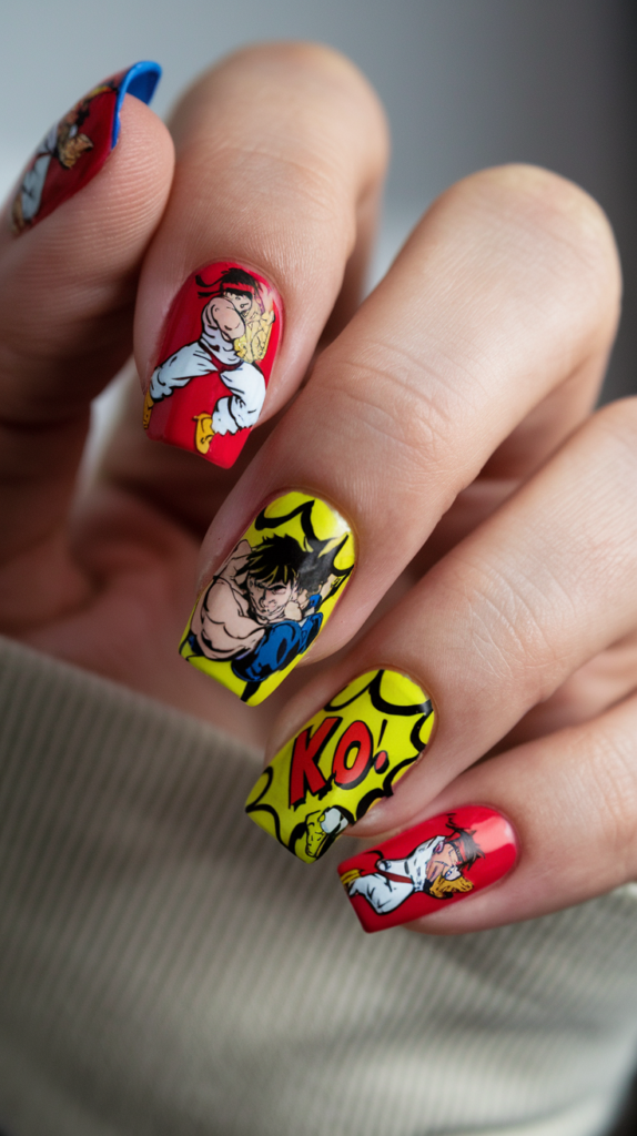 Bold, action-packed nail art with characters from Street Fighter and Mortal Kombat, featuring comic book-style details and bright colors