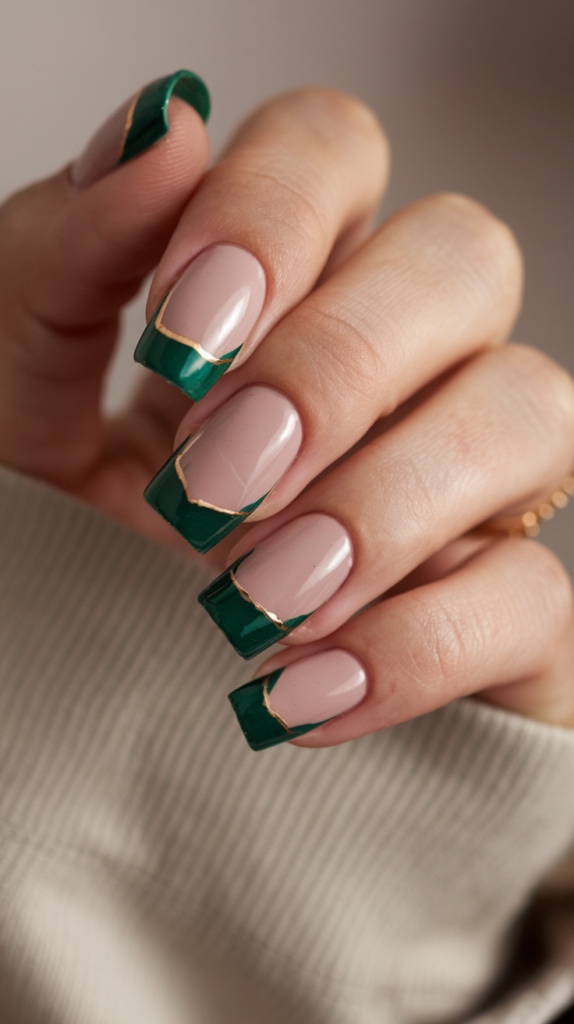 French manicure with dark emerald green tips outlined in gold, adding an enchanting, luxurious touch.

