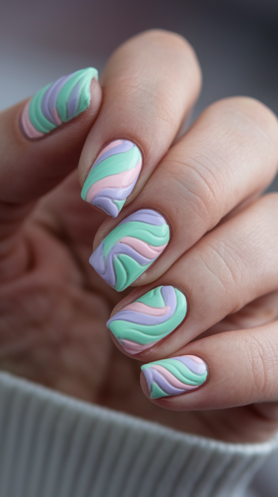 Swirling candy cane-like pastel stripes in mint green, pink, and lavender on glossy nails.

