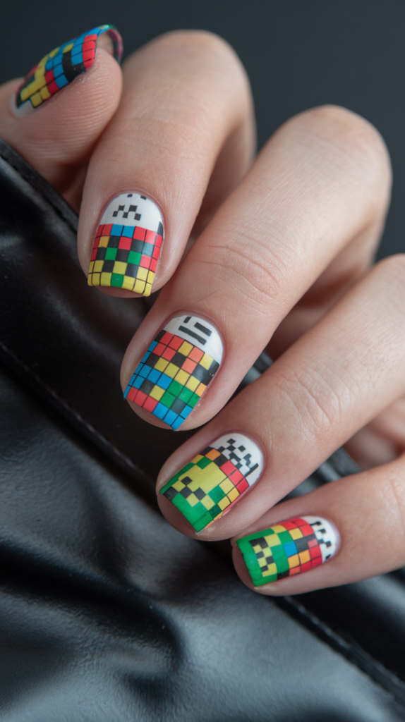 Colorful pixelated nail art inspired by retro video games, featuring bold Tetris blocks and Space Invader aliens on a matte black background