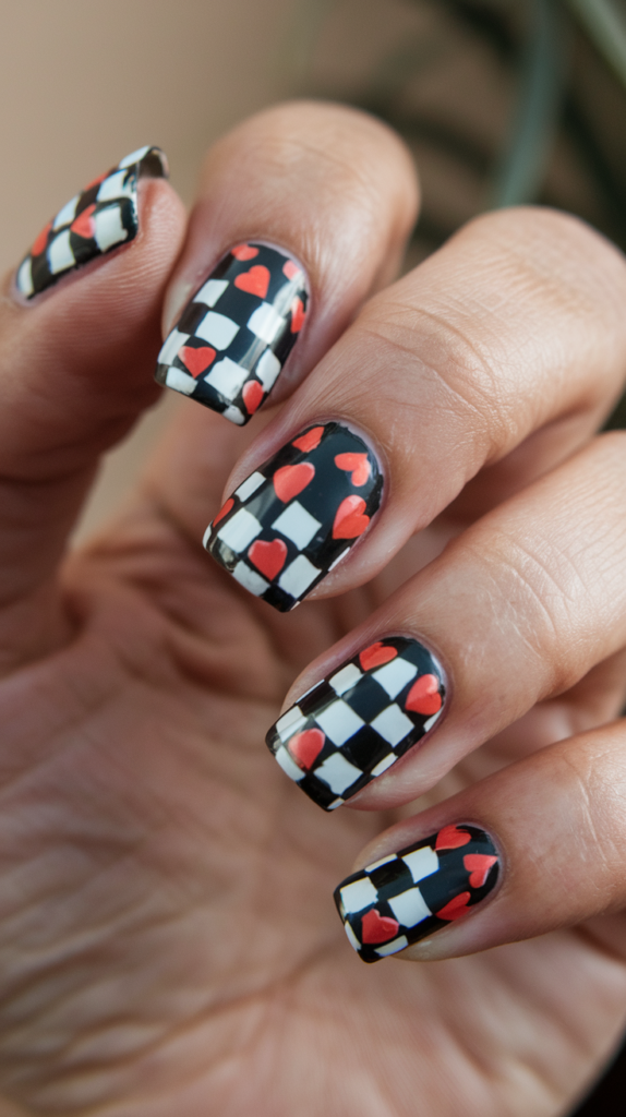 Checkerboard nails alternating red and black squares with heart-shaped patterns for a romantic touch.

