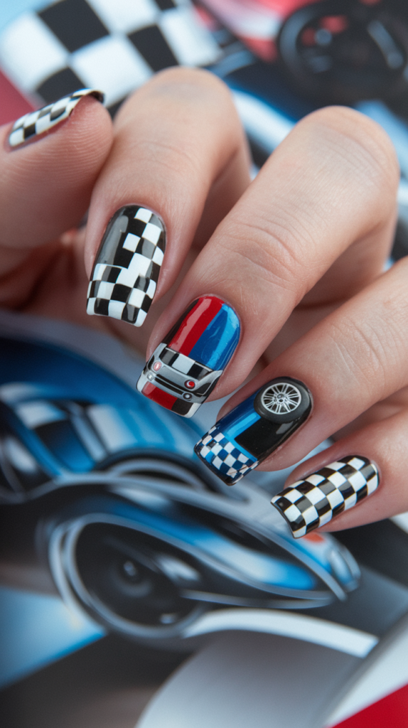 High-speed nail design with checkered flag patterns, metallic racing stripes, and racecar details inspired by Mario Kart