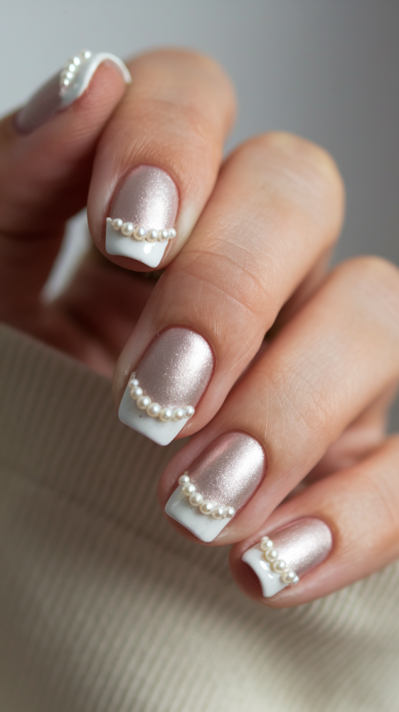 Soft, pearlescent nails with single pearl accents on each nail, achieving an understated and elegant appearance.

