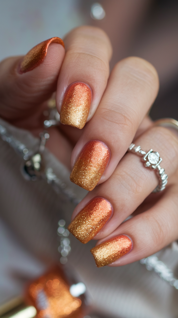 Glamorous orange nails fading into a golden glitter gradient for a festive flair.
