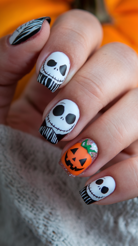 Nails showcasing Jack Skellington’s face, black-and-white striped patterns, and Halloween Town elements like pumpkins and bats.