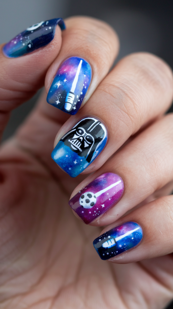 Nails with galaxy-inspired gradients in blue and purple, accented with hand-painted lightsabers, Darth Vader’s helmet, and tiny stars for a cosmic theme.