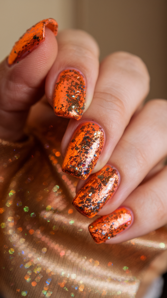 Bold orange nails covered in glitter, adding a glamorous sparkle.
