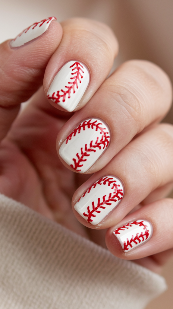 Close-up of white nails with bold red baseball stitching, creating a sporty and classic look