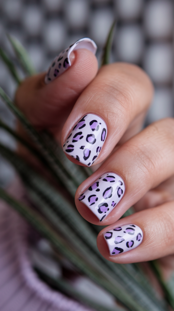 Light lavender nails with darker violet leopard spots, creating a trendy animal print style.

