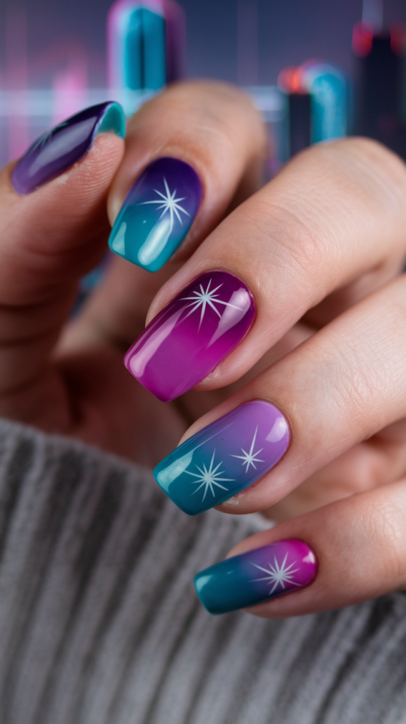 Ombré gradient nails blending purple, pink, and teal hues with a glossy, synthwave-inspired finish.

