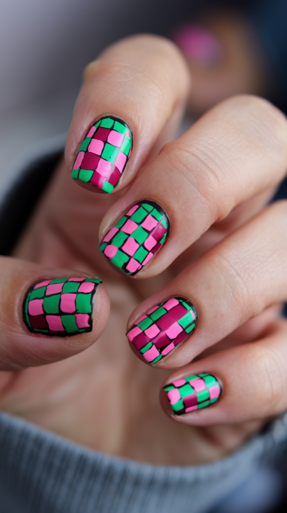 Hyper-detailed neon checkerboard nails with alternating pink, green, and orange squares on a glossy finish.

