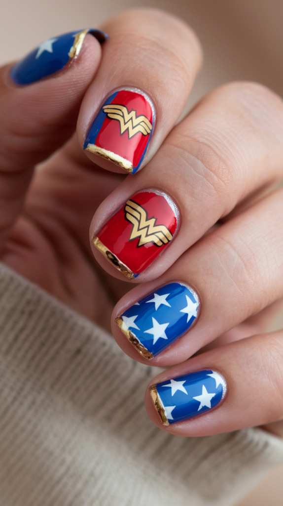 Nails with bold red, blue, and gold designs, featuring the Wonder Woman logo and star patterns, complemented with metallic accents.