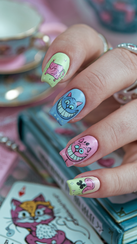 Nails with whimsical teacup designs, Cheshire Cat smiles, and playing card suits painted in pastel hues with a glossy finish.