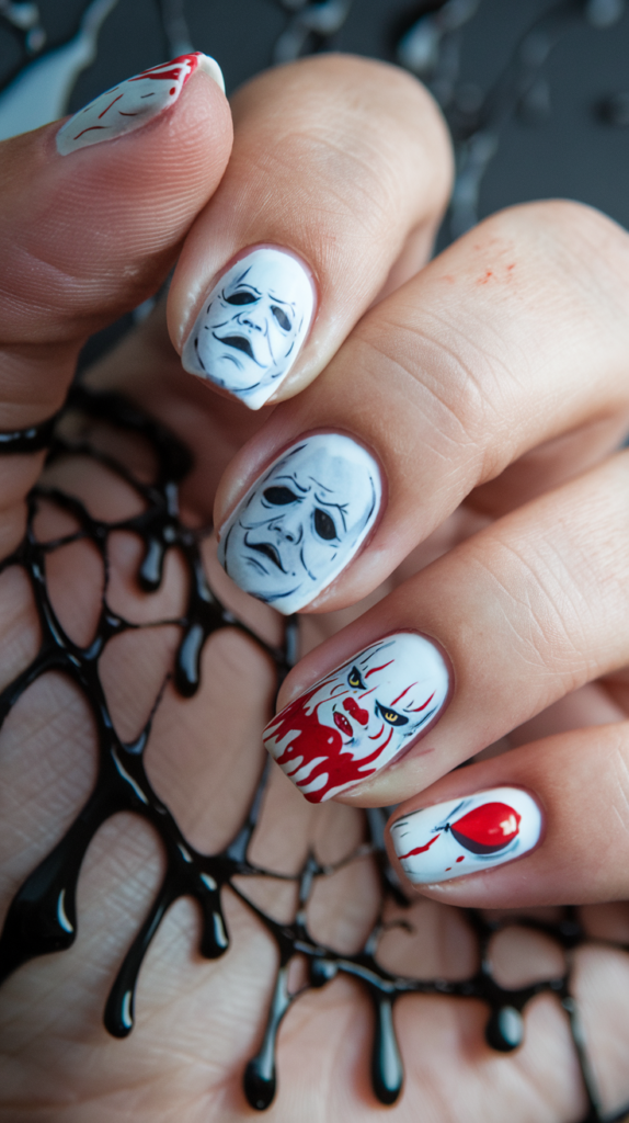 Nails featuring Michael Myers’ white mask, Pennywise’s red balloon with dripping blood effects, and Freddy Krueger’s claw marks.