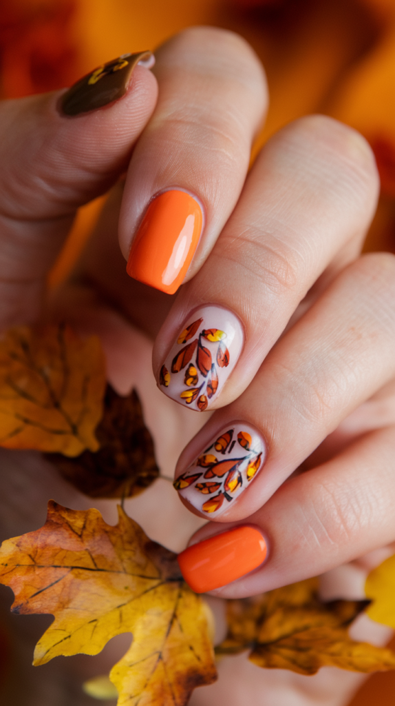 Cozy orange nails decorated with delicate brown and yellow fall leaf patterns.
