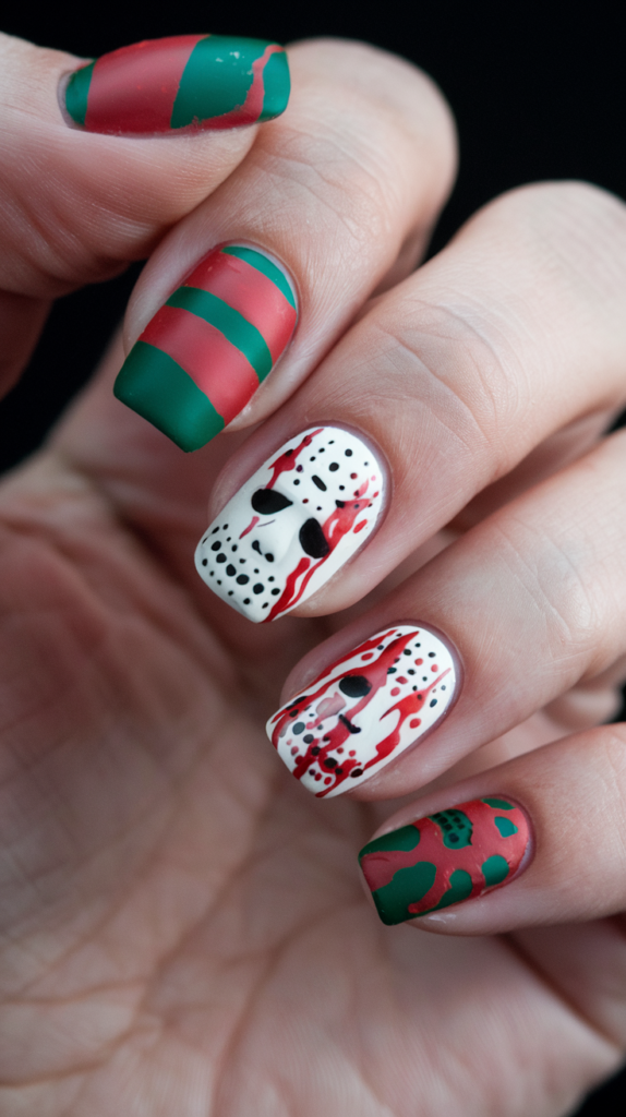 Nails with Freddy Krueger’s red-and-green sweater stripes, Jason’s white mask with dripping blood details, and matte black accents for a spooky effect.